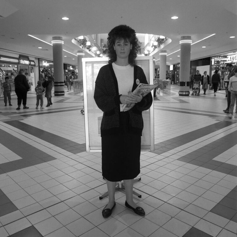 Documentary portrait of people in the Belconnen Mall, Canberra, 1989-1990. Part of a historical series by Spiros Coutroubas exploring Australian social spaces and 20th century urban life.